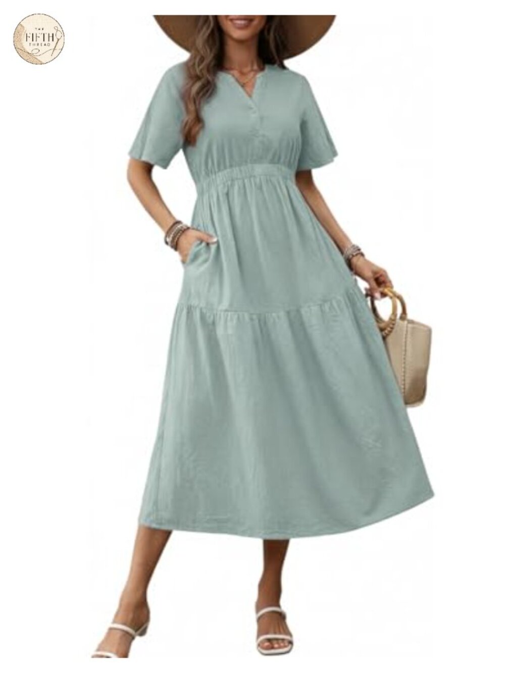 Cotton Midi Dress V Neck Short Sleeve High Waist Pockets A-Line Casual